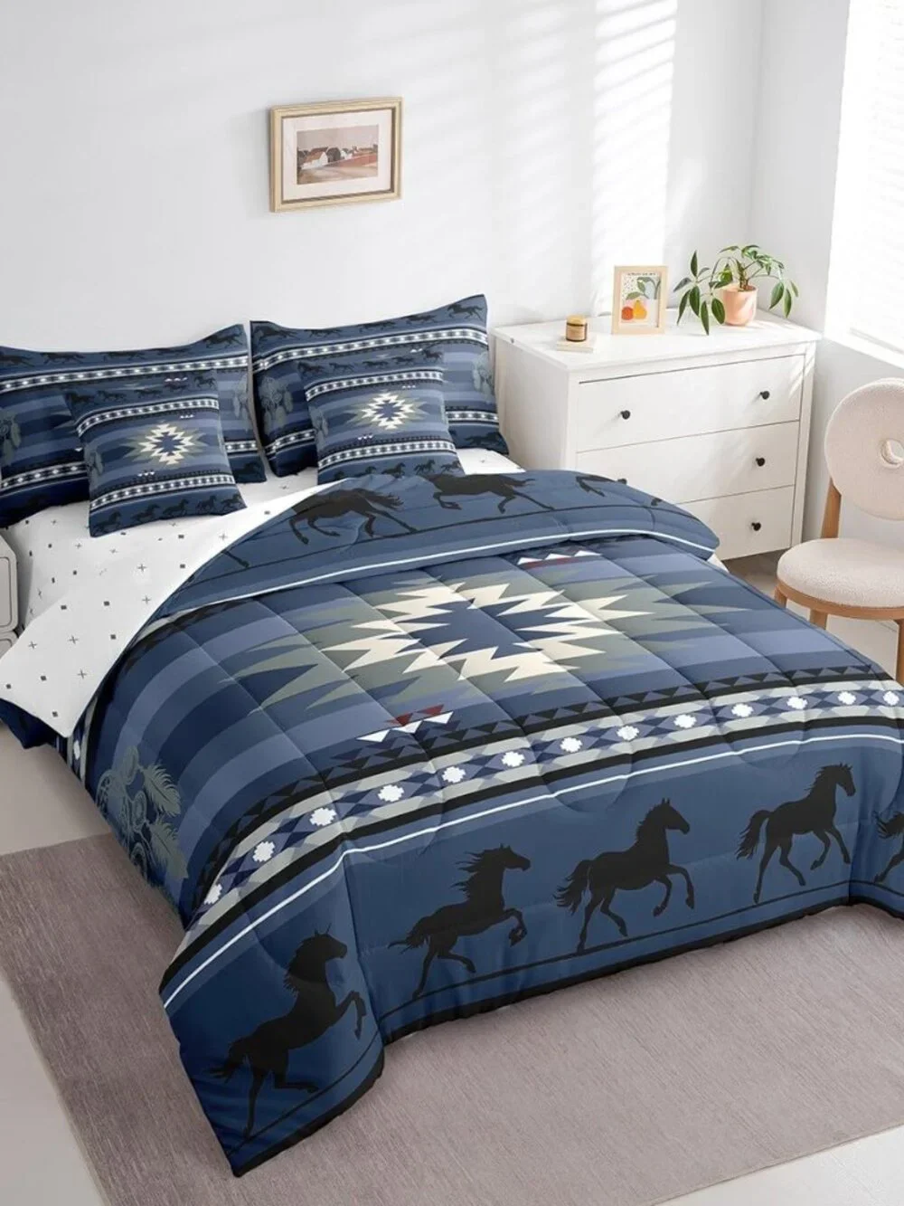 Blue Rustic Western Comforter Set with Sheets Southwestern Aztec 7 Piece Bedding